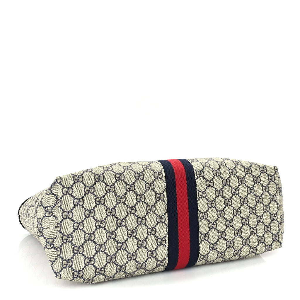 Gucci GG Supreme Monogram Textured Calfskin Web Medium Ophidia Shopping Tote Beige Blue