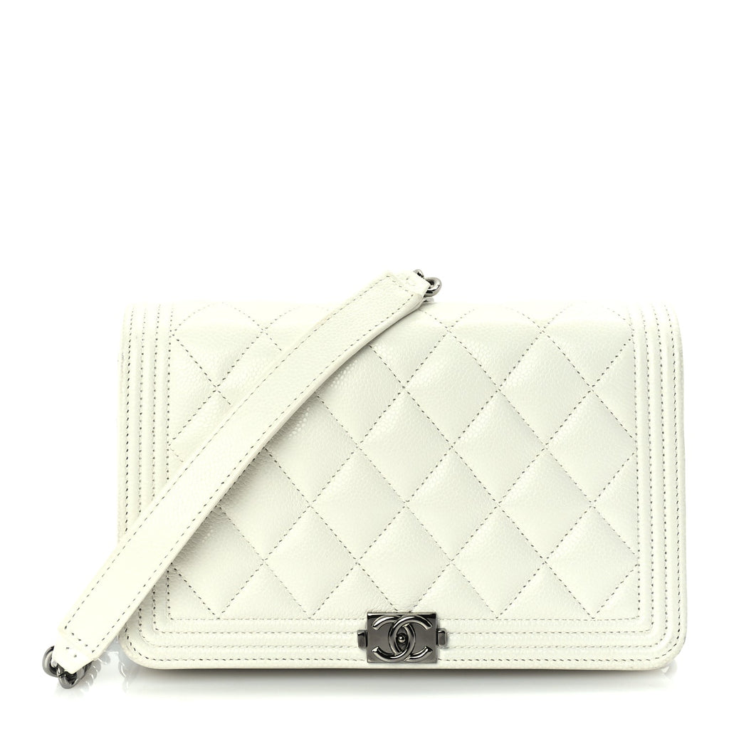 Chanel Caviar Quilted Boy Wallet On Chain WOC White