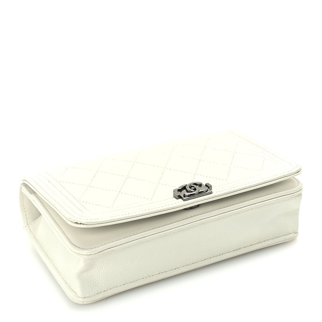 Chanel Caviar Quilted Boy Wallet On Chain WOC White