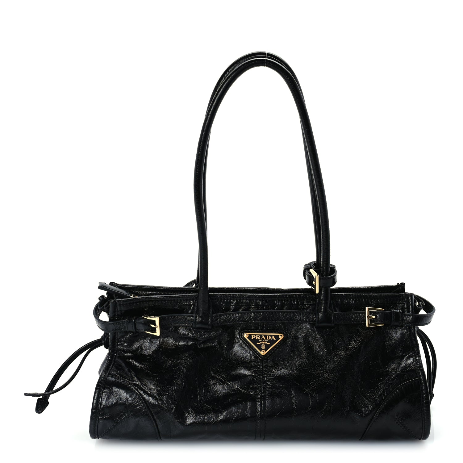 Prada Glossy Calfskin Triangle Medium Bonnie Shoulder Bag Black