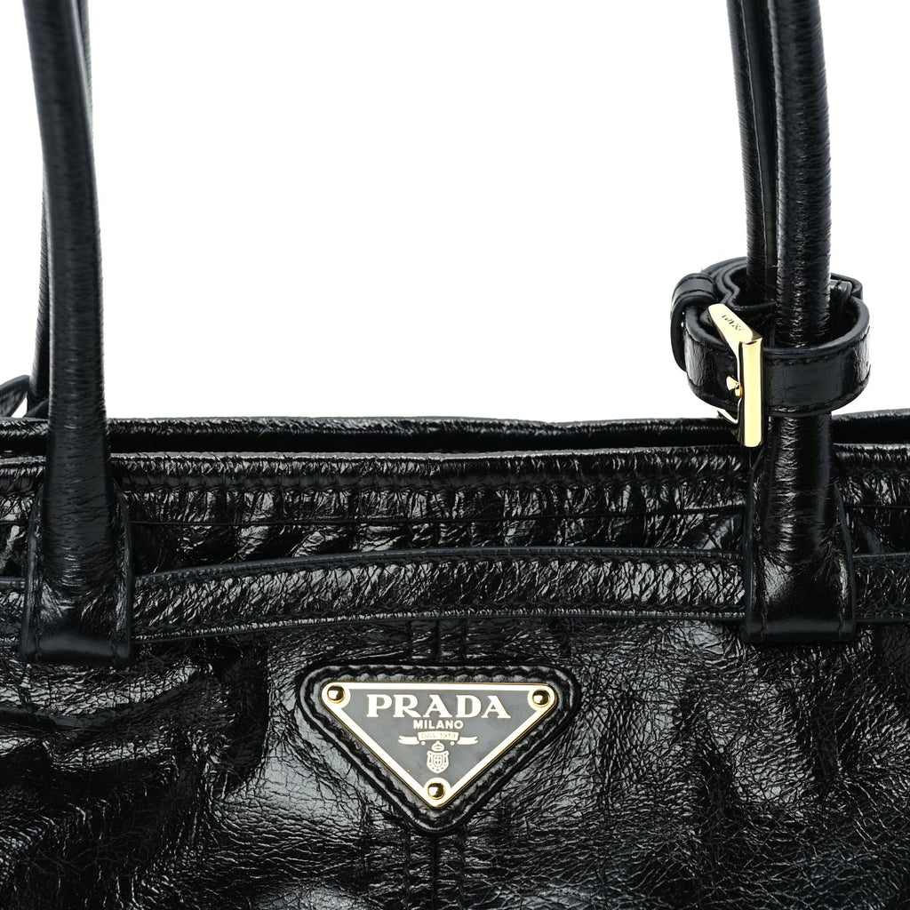 Prada Glossy Calfskin Triangle Medium Bonnie Shoulder Bag Black