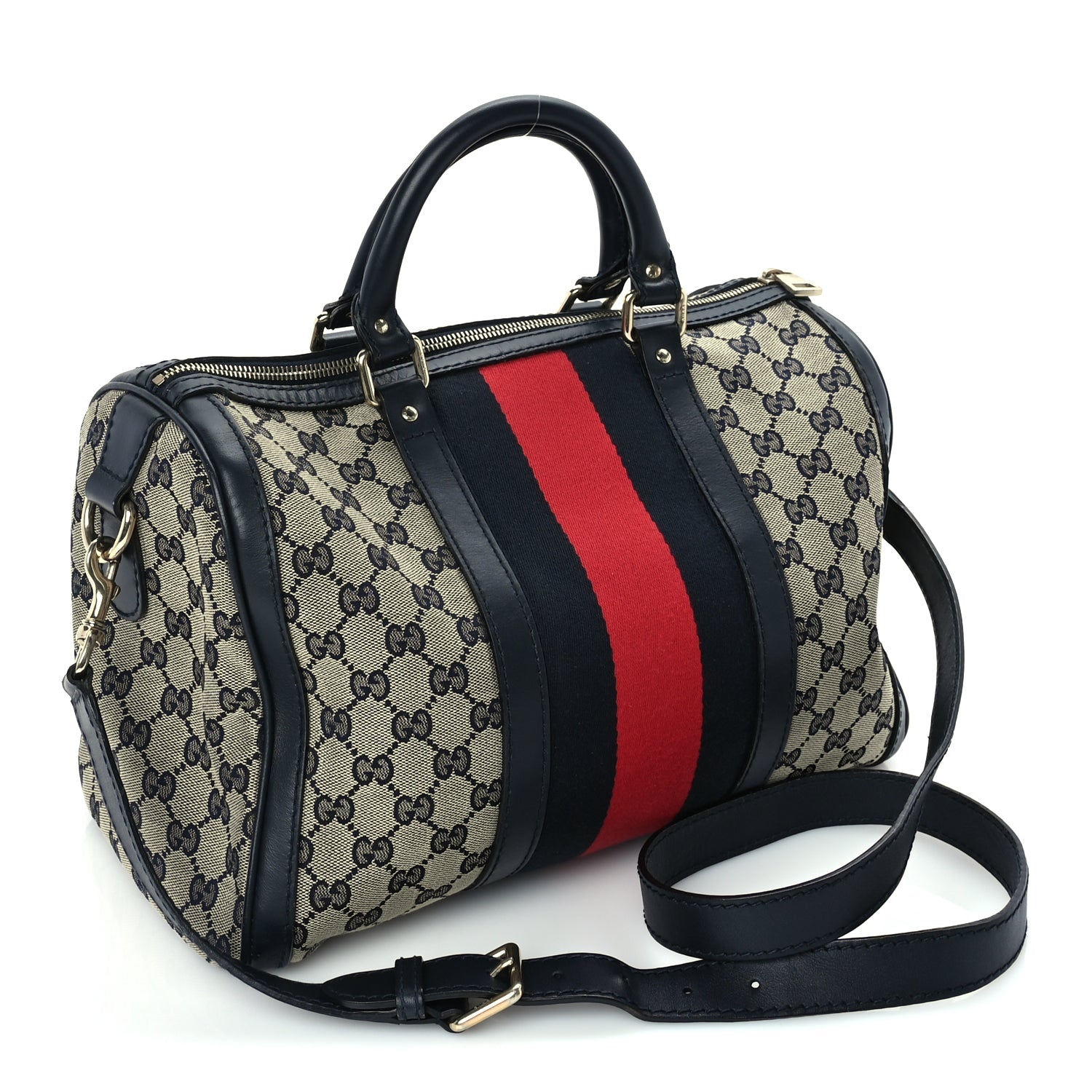 Gucci Monogram Selleria Calfskin Vintage Web Medium Boston Beige Blue
