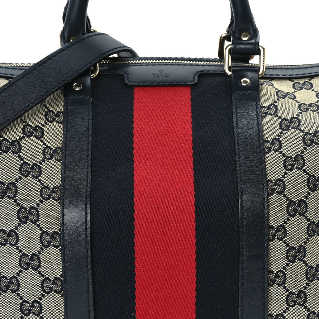 Gucci Monogram Selleria Calfskin Vintage Web Medium Boston Beige Blue