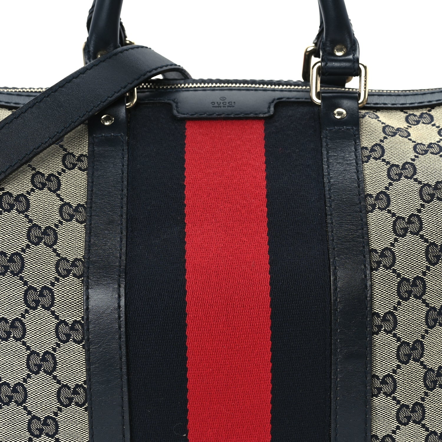 Gucci Monogram Selleria Calfskin Vintage Web Medium Boston Beige Blue