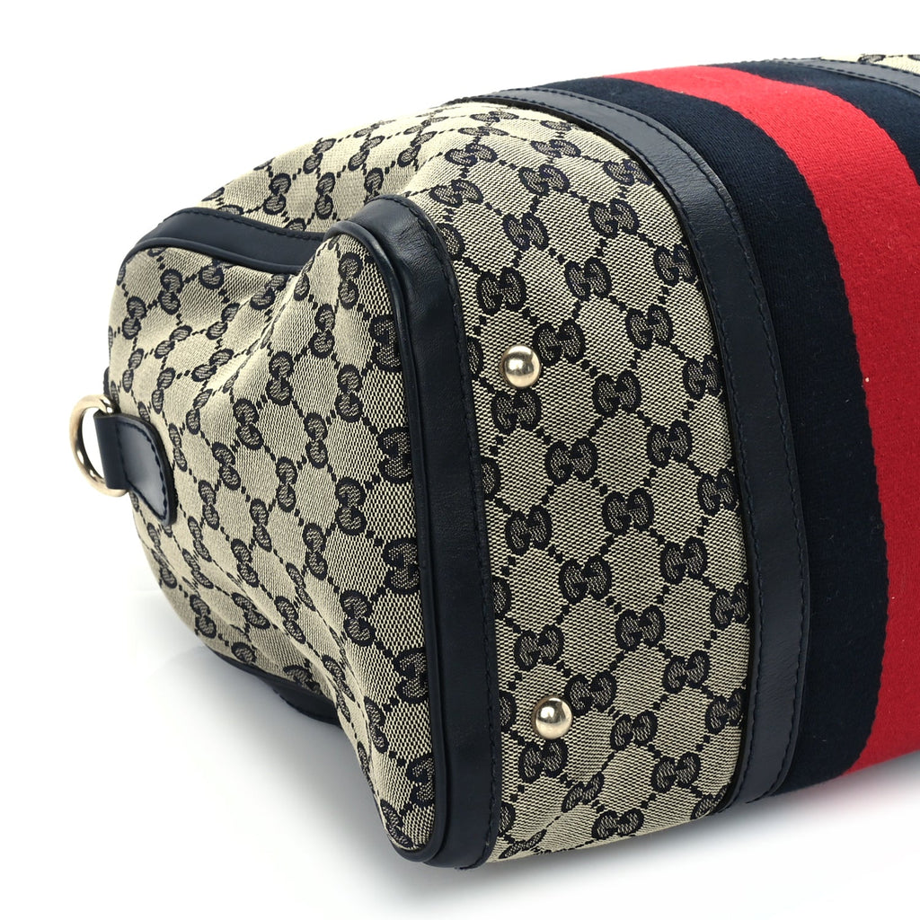 Gucci Monogram Selleria Calfskin Vintage Web Medium Boston Beige Blue