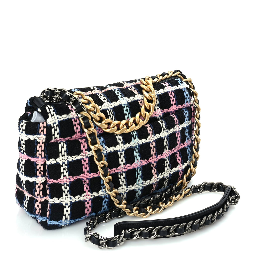 Chanel Tweed Quilted Medium 19 Flap Black Blue Pink