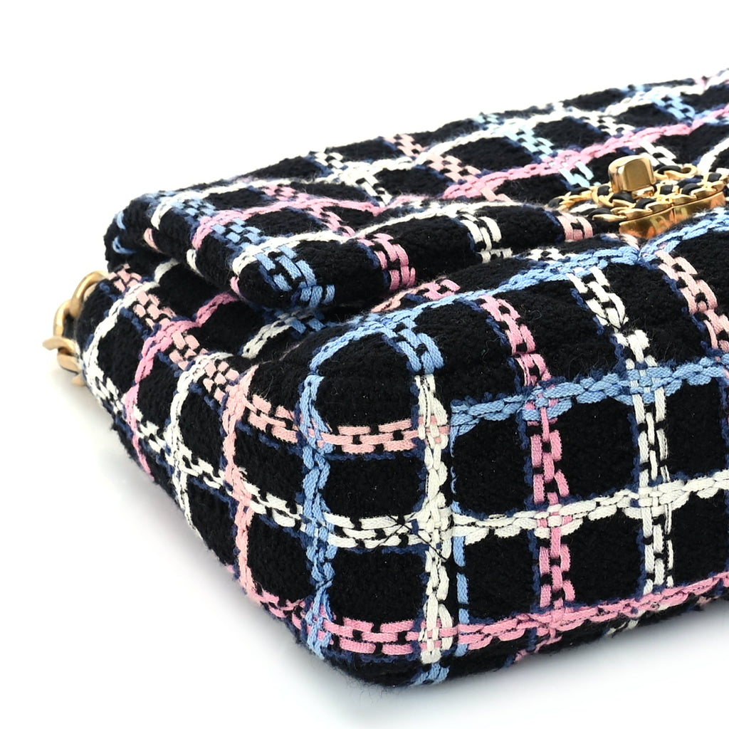 Chanel Tweed Quilted Medium 19 Flap Black Blue Pink