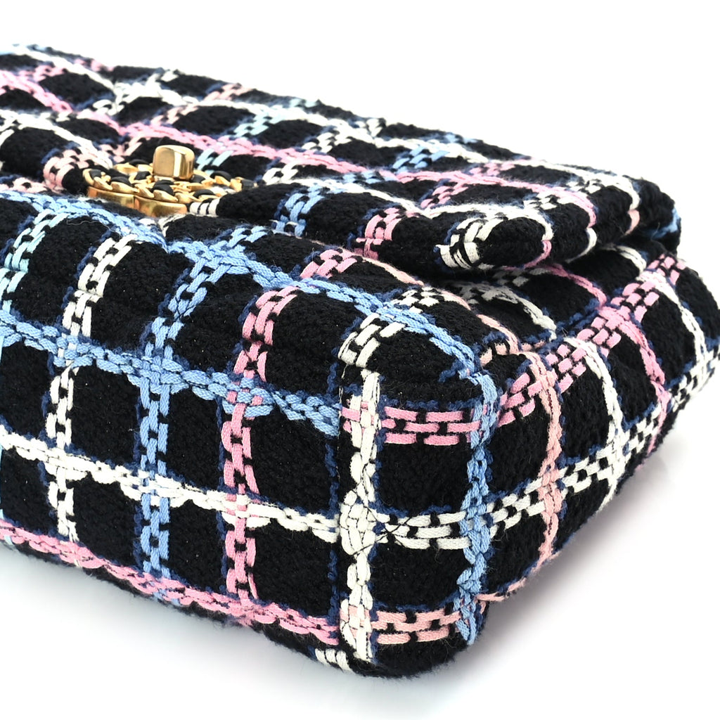 Chanel Tweed Quilted Medium 19 Flap Black Blue Pink
