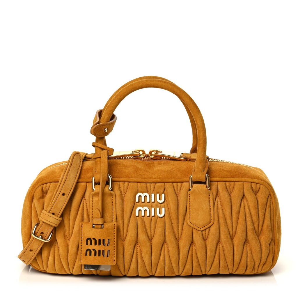 Miu Miu Suede Matelasse Large Arcadie Top Handle Bag Whiskey