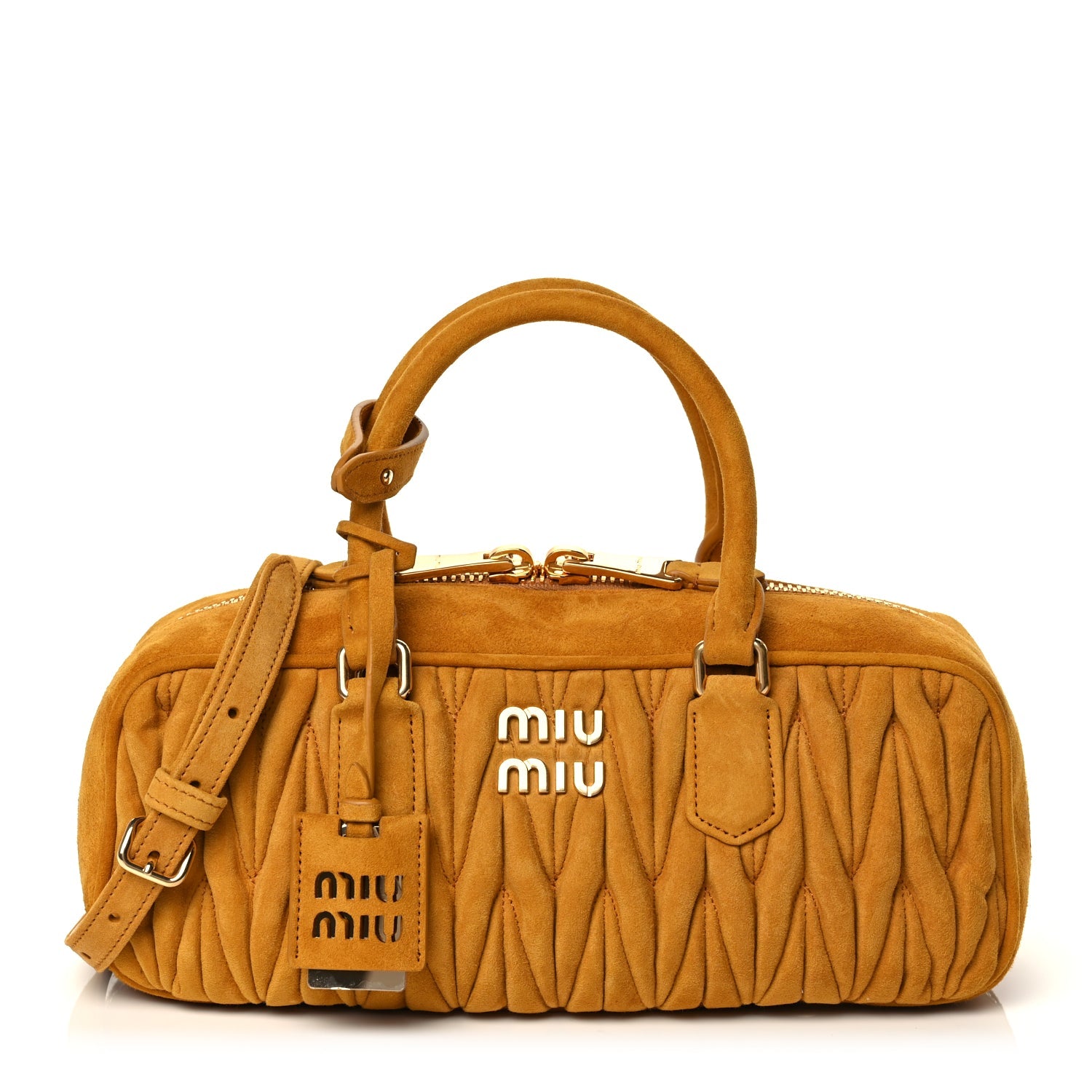 Miu Miu Suede Matelasse Large Arcadie Top Handle Bag Whiskey