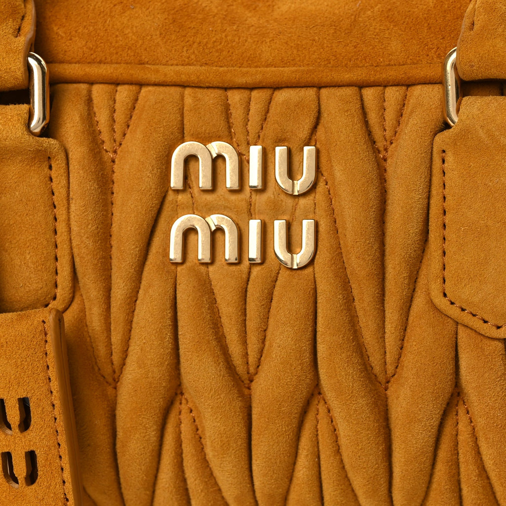 Miu Miu Suede Matelasse Large Arcadie Top Handle Bag Whiskey