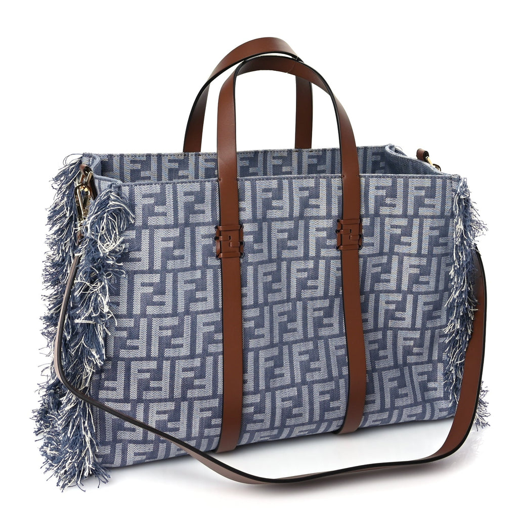 Fendi Denim Vitello King F is Fendi FF Embroidered Summer Tote Myrtle Dark Nut