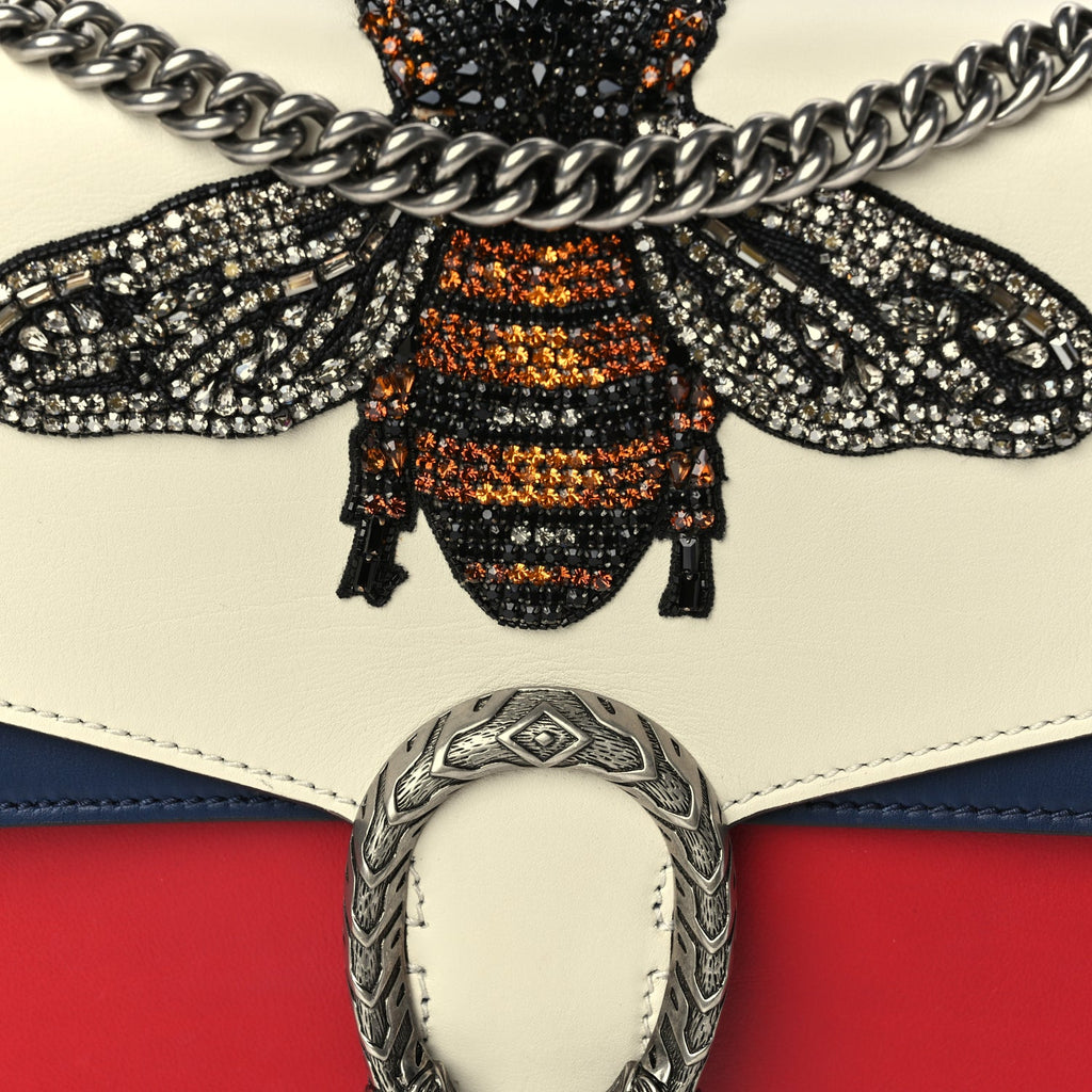 Gucci Calfskin Bee Embroidered Medium Dionysus Shoulder Bag White Blue Hibiscus Red