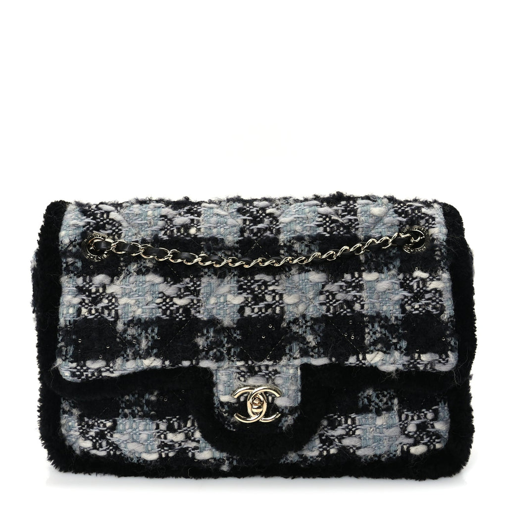 Chanel Tweed Shearling Large Flap Bag Blue Black