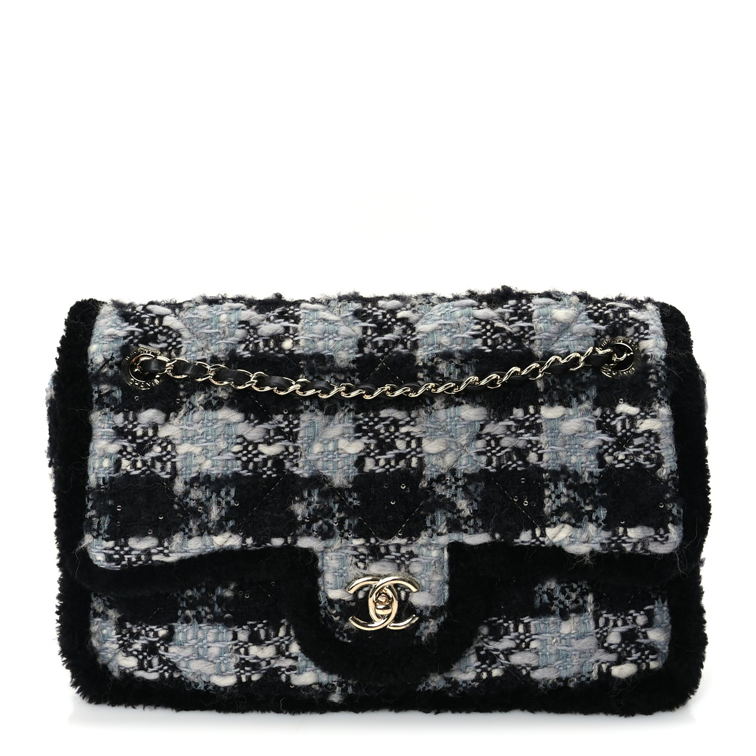 Chanel Tweed Shearling Large Flap Bag Blue Black