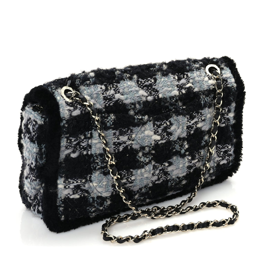 Chanel Tweed Shearling Large Flap Bag Blue Black