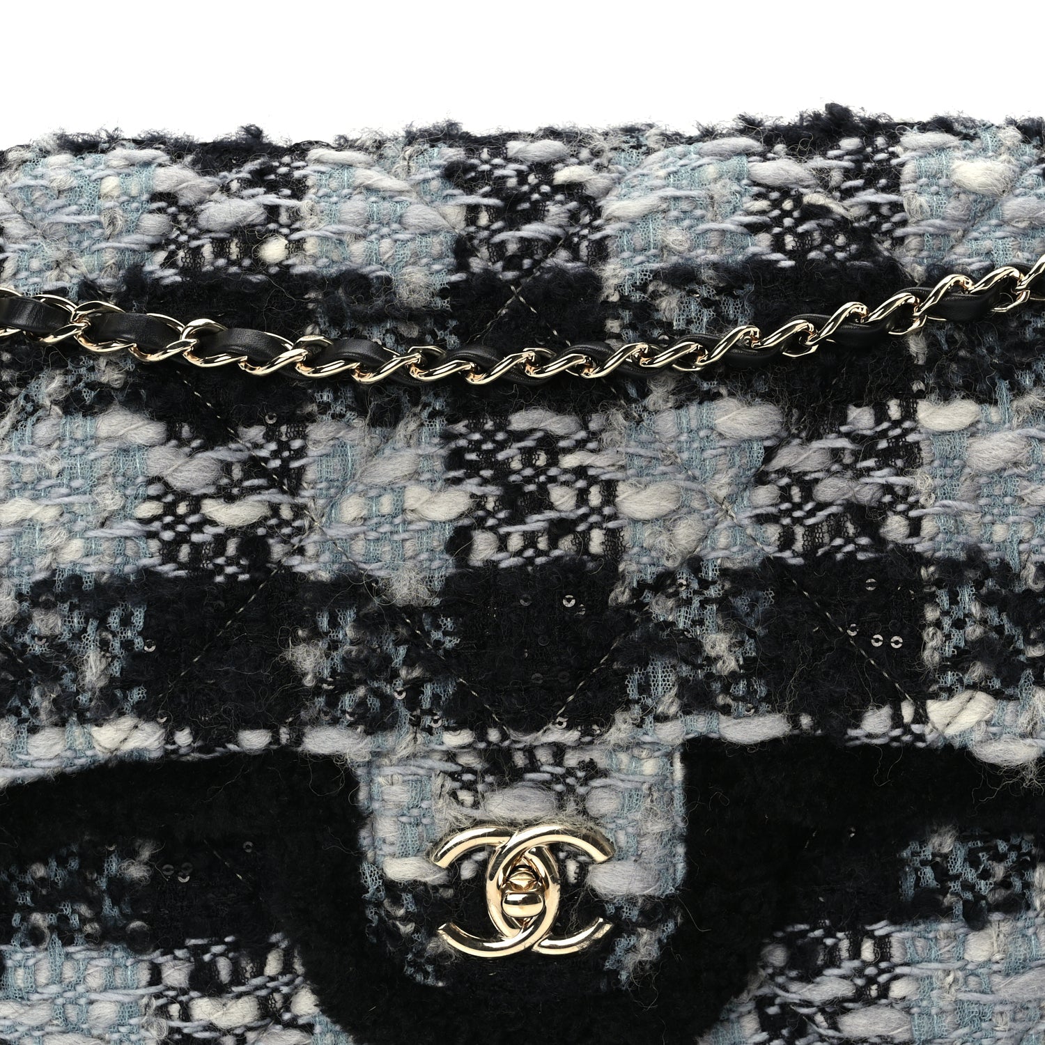 Chanel Tweed Shearling Large Flap Bag Blue Black