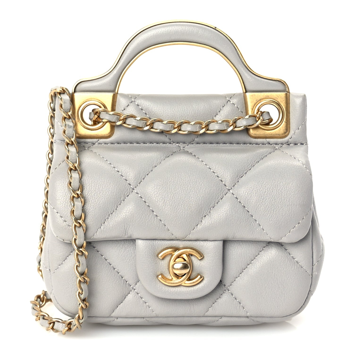 Chanel Calfskin Quilted Lady Handle Flap Card Holder With Chain  Grey