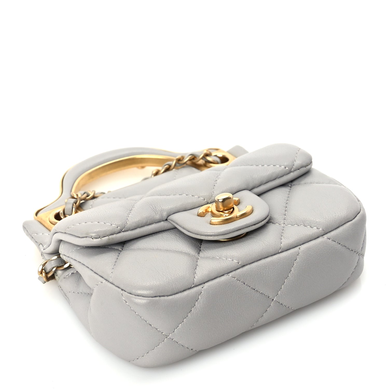 Chanel Calfskin Quilted Lady Handle Flap Card Holder With Chain  Grey