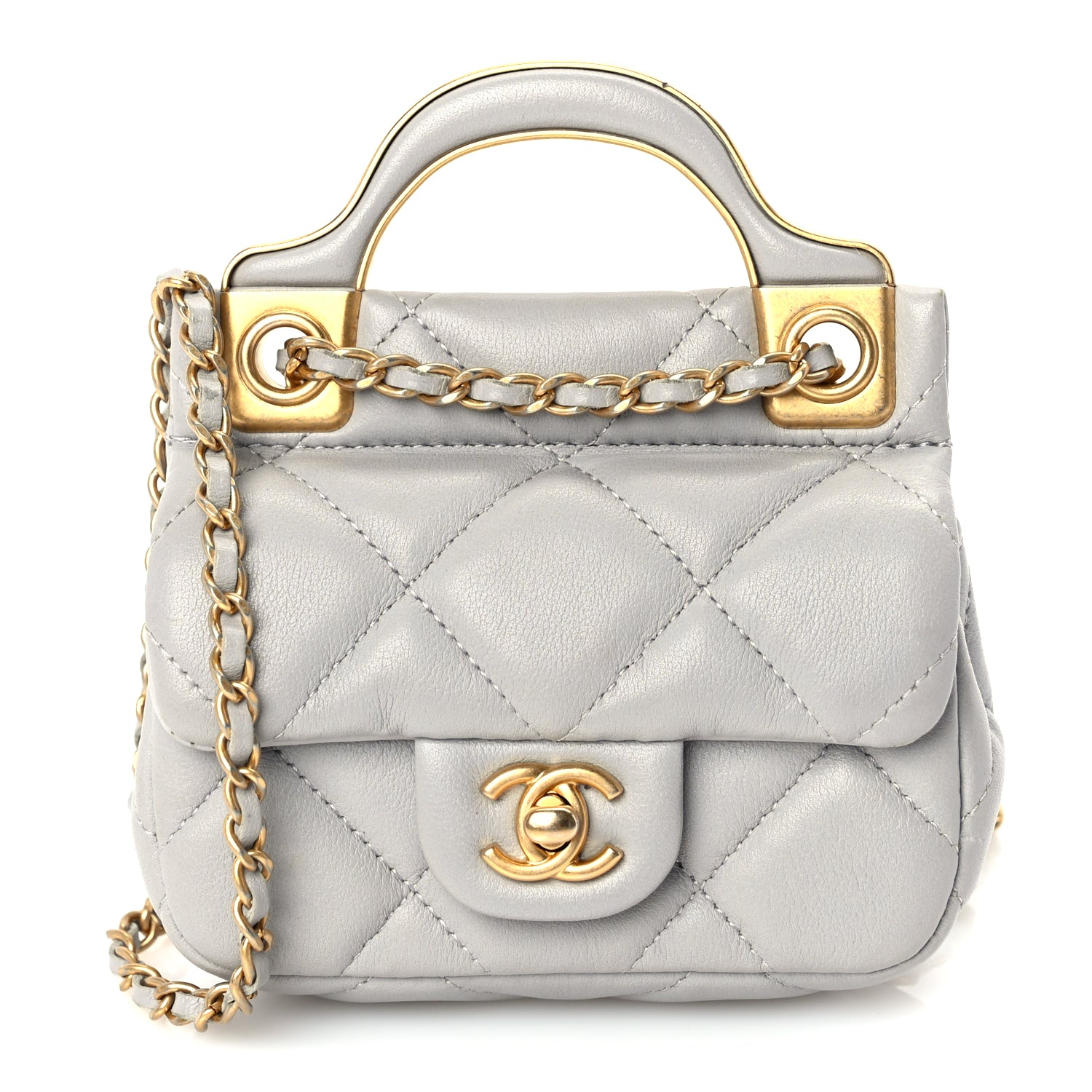 Chanel Calfskin Quilted Lady Handle Flap Card Holder With Chain  Grey