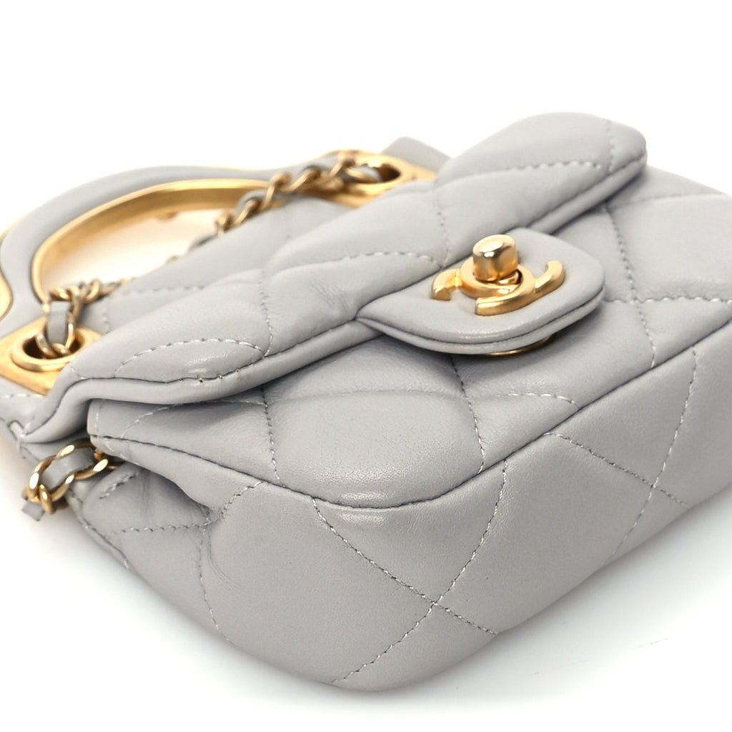Chanel Calfskin Quilted Lady Handle Flap Card Holder With Chain  Grey