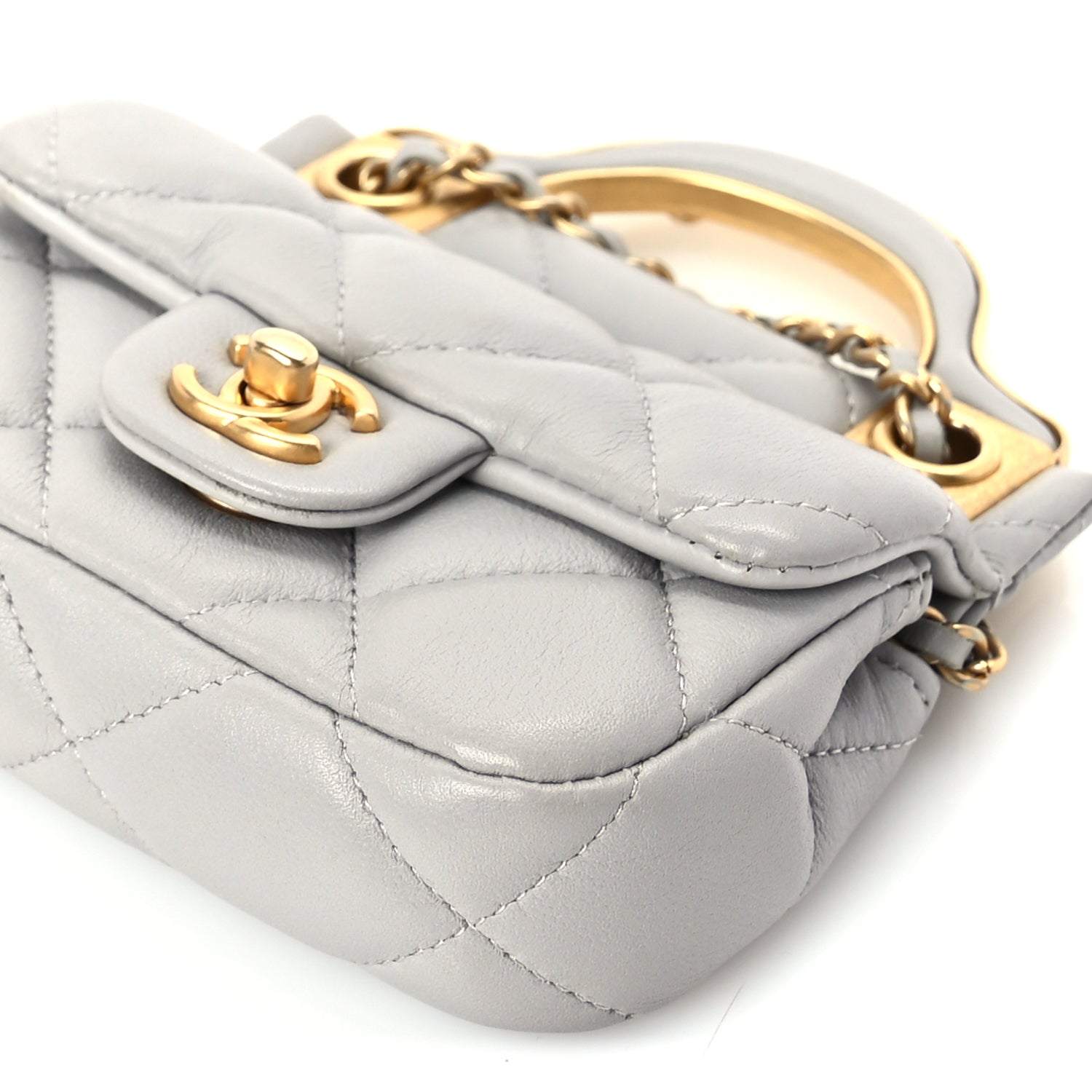 Chanel Calfskin Quilted Lady Handle Flap Card Holder With Chain  Grey