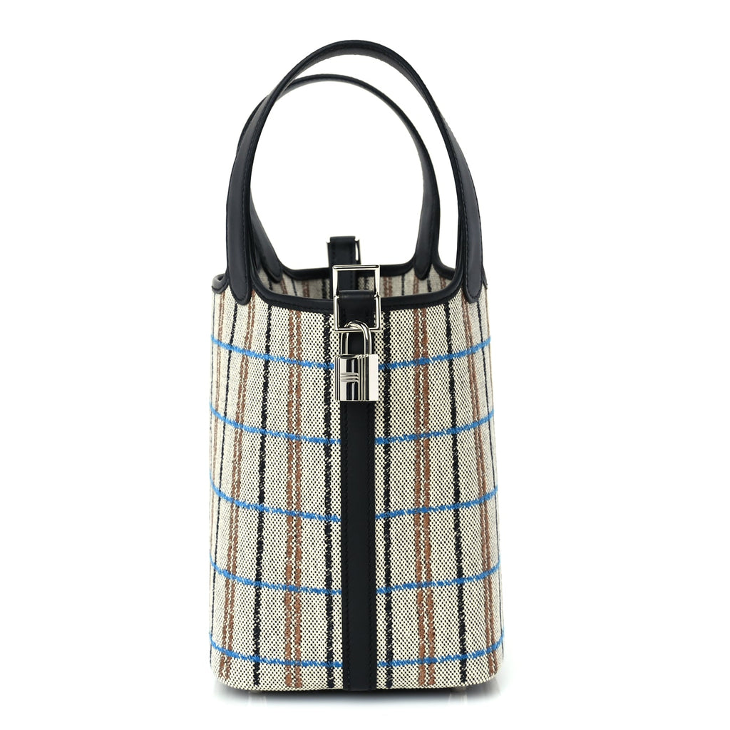 Hermes Swift Toile Borderie H Picotin Lock 18  Noir Ecru Fauve Bleu Zanzibar