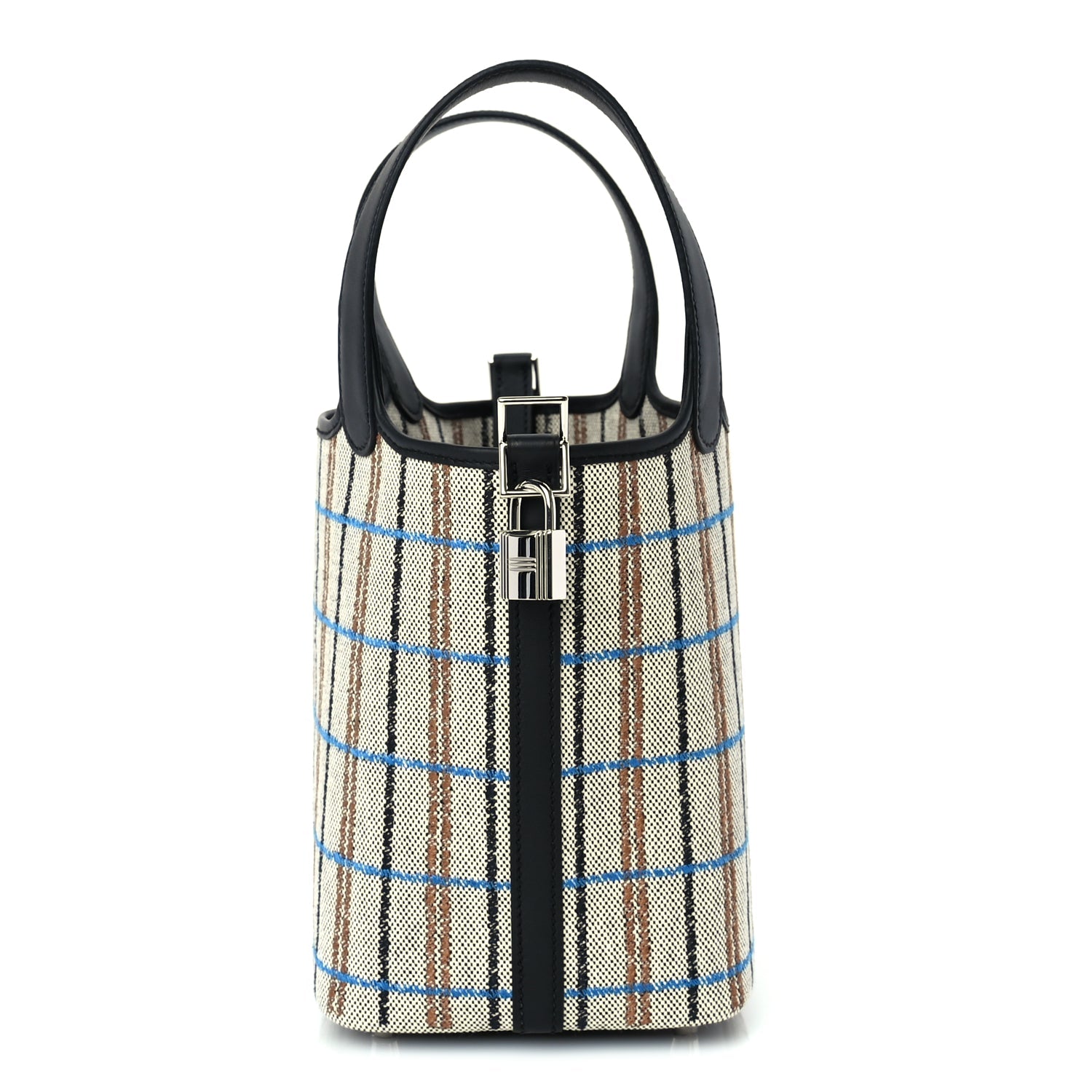 Hermes Swift Toile Borderie H Picotin Lock 18  Noir Ecru Fauve Bleu Zanzibar