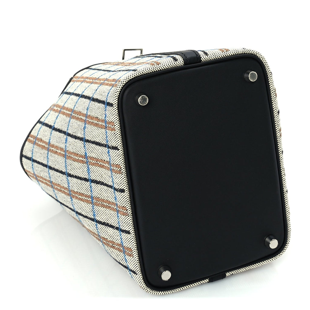 Hermes Swift Toile Borderie H Picotin Lock 18  Noir Ecru Fauve Bleu Zanzibar