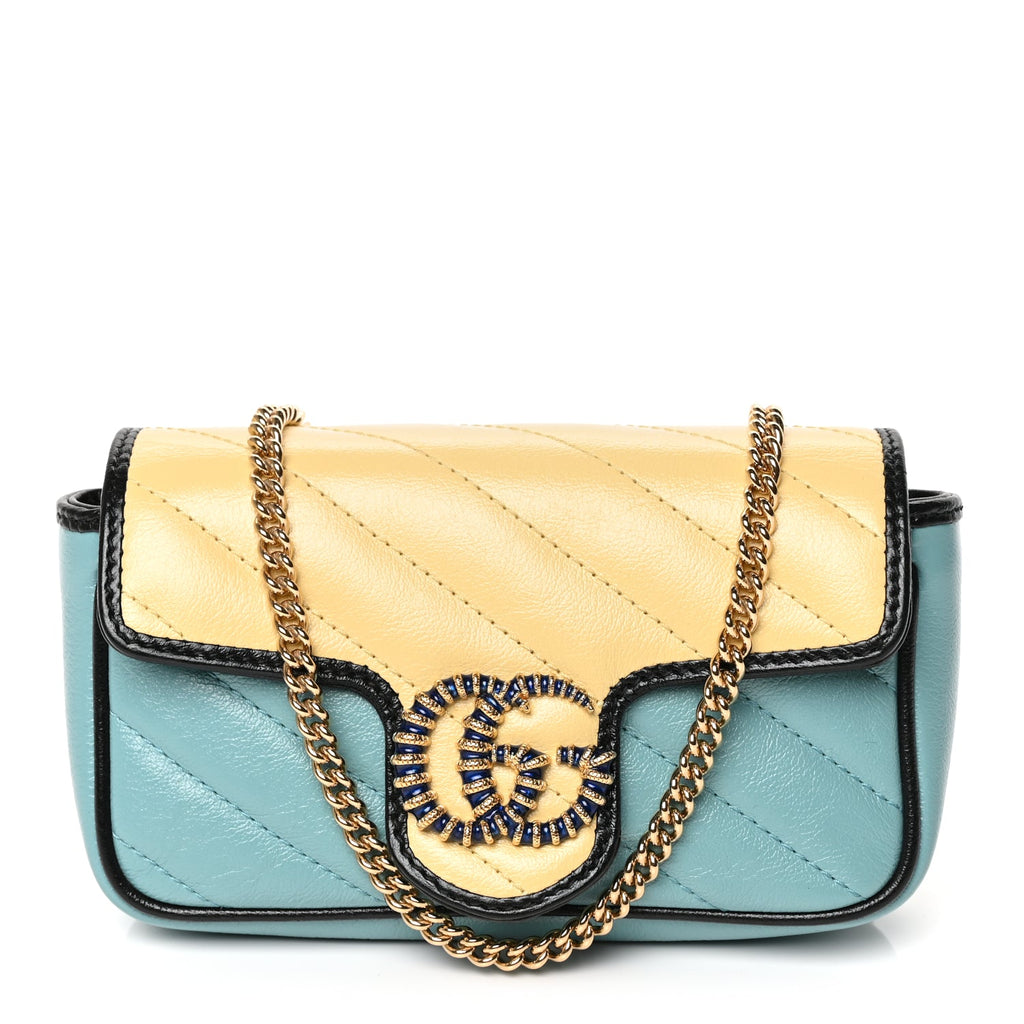 Gucci Azalea Calfskin Enamel Matelasse Diagonal Super Mini Torchon GG Marmont Shoulder Bag Butter Dusty Azure Black Electric Blue