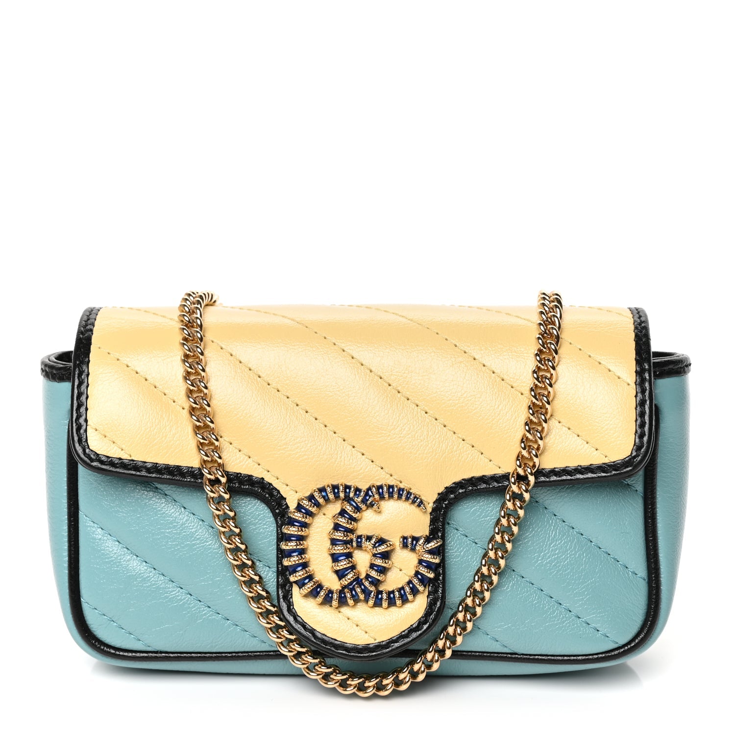 Gucci Azalea Calfskin Enamel Matelasse Diagonal Super Mini Torchon GG Marmont Shoulder Bag Butter Dusty Azure Black Electric Blue