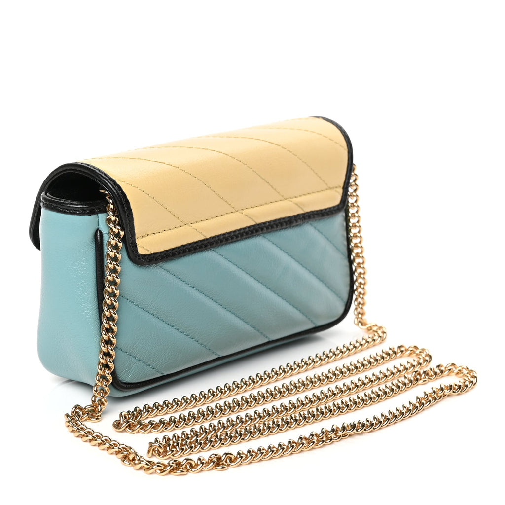Gucci Azalea Calfskin Enamel Matelasse Diagonal Super Mini Torchon GG Marmont Shoulder Bag Butter Dusty Azure Black Electric Blue