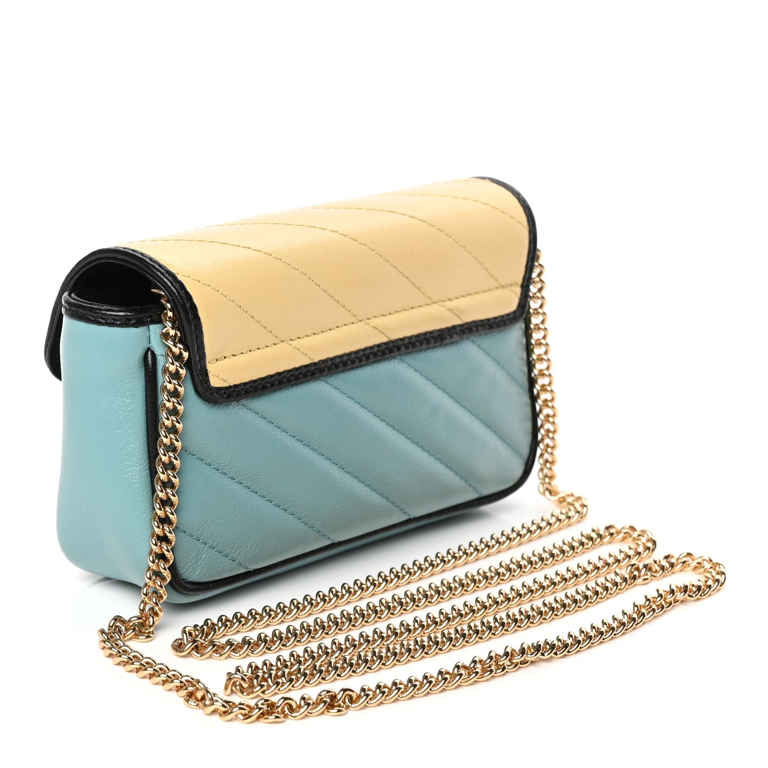 Gucci Azalea Calfskin Enamel Matelasse Diagonal Super Mini Torchon GG Marmont Shoulder Bag Butter Dusty Azure Black Electric Blue