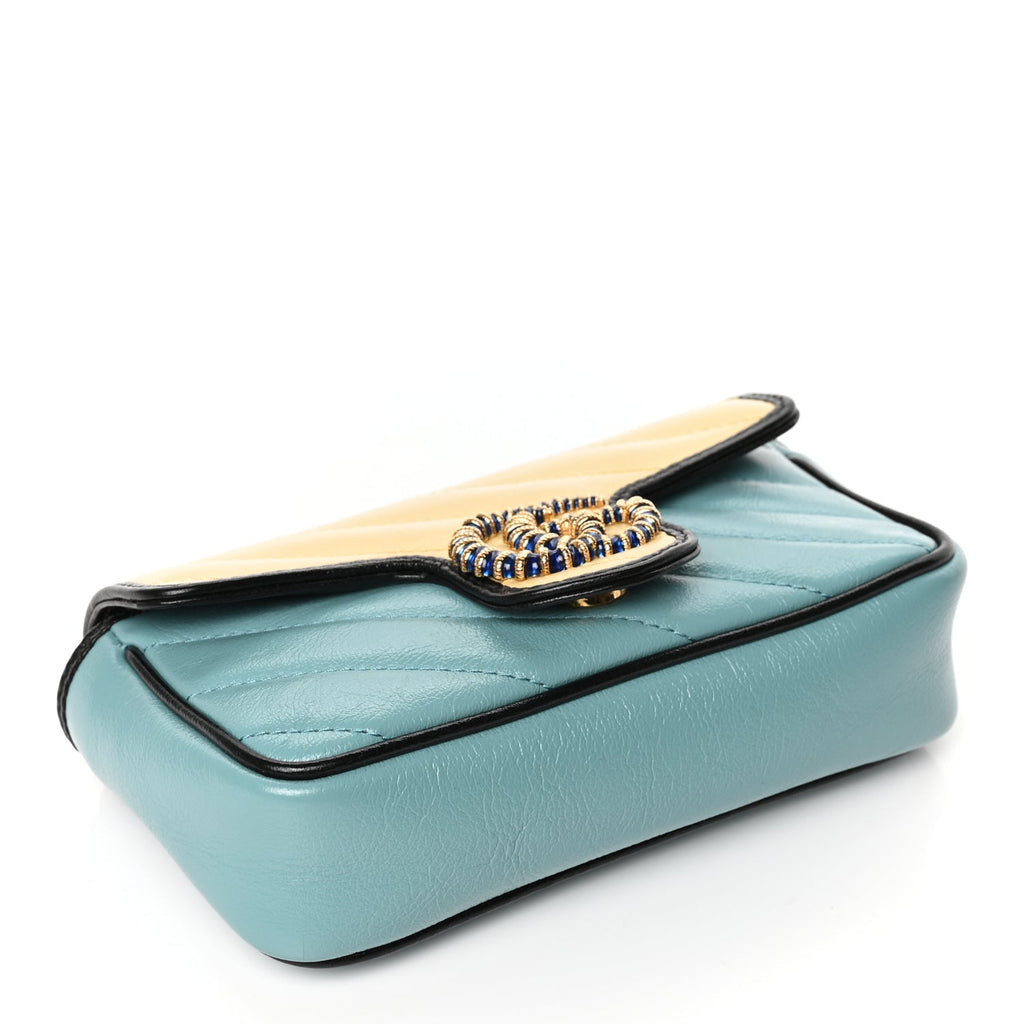 Gucci Azalea Calfskin Enamel Matelasse Diagonal Super Mini Torchon GG Marmont Shoulder Bag Butter Dusty Azure Black Electric Blue