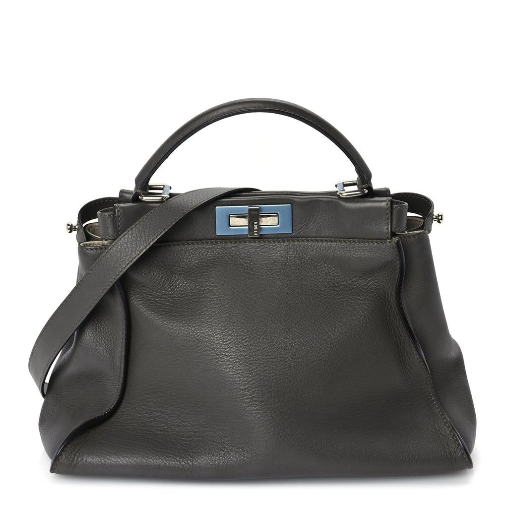 Fendi Vitello Seta Shiny Nappa Medium Peekaboo Iconic Satchel  Carbone Grigio Polvere