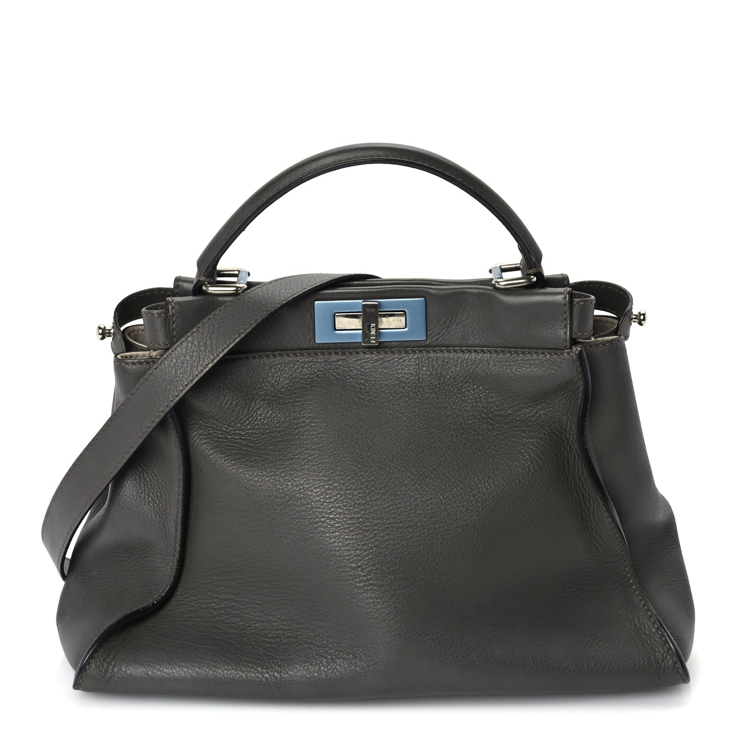 Fendi Vitello Seta Shiny Nappa Medium Peekaboo Iconic Satchel  Carbone Grigio Polvere