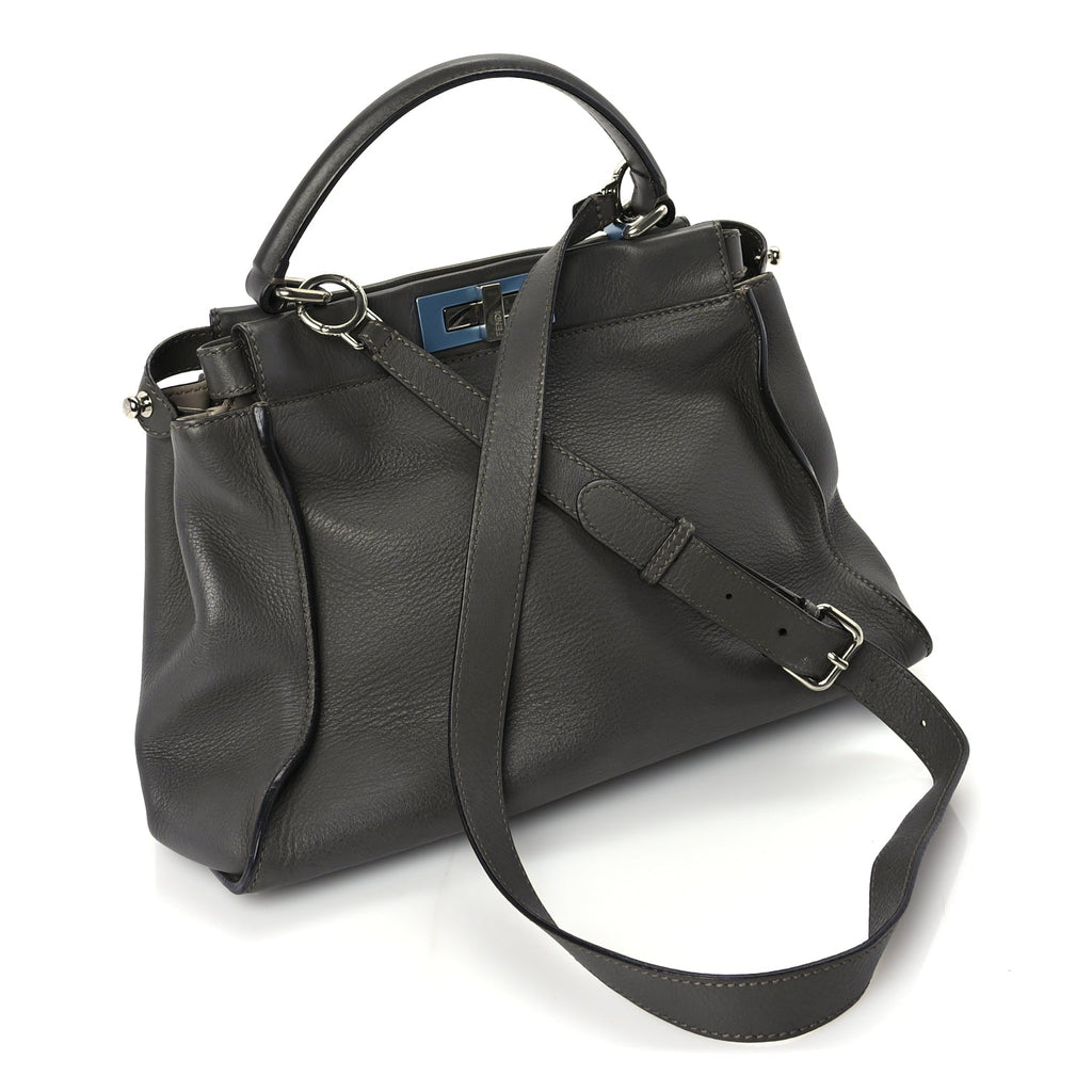 Fendi Vitello Seta Shiny Nappa Medium Peekaboo Iconic Satchel  Carbone Grigio Polvere