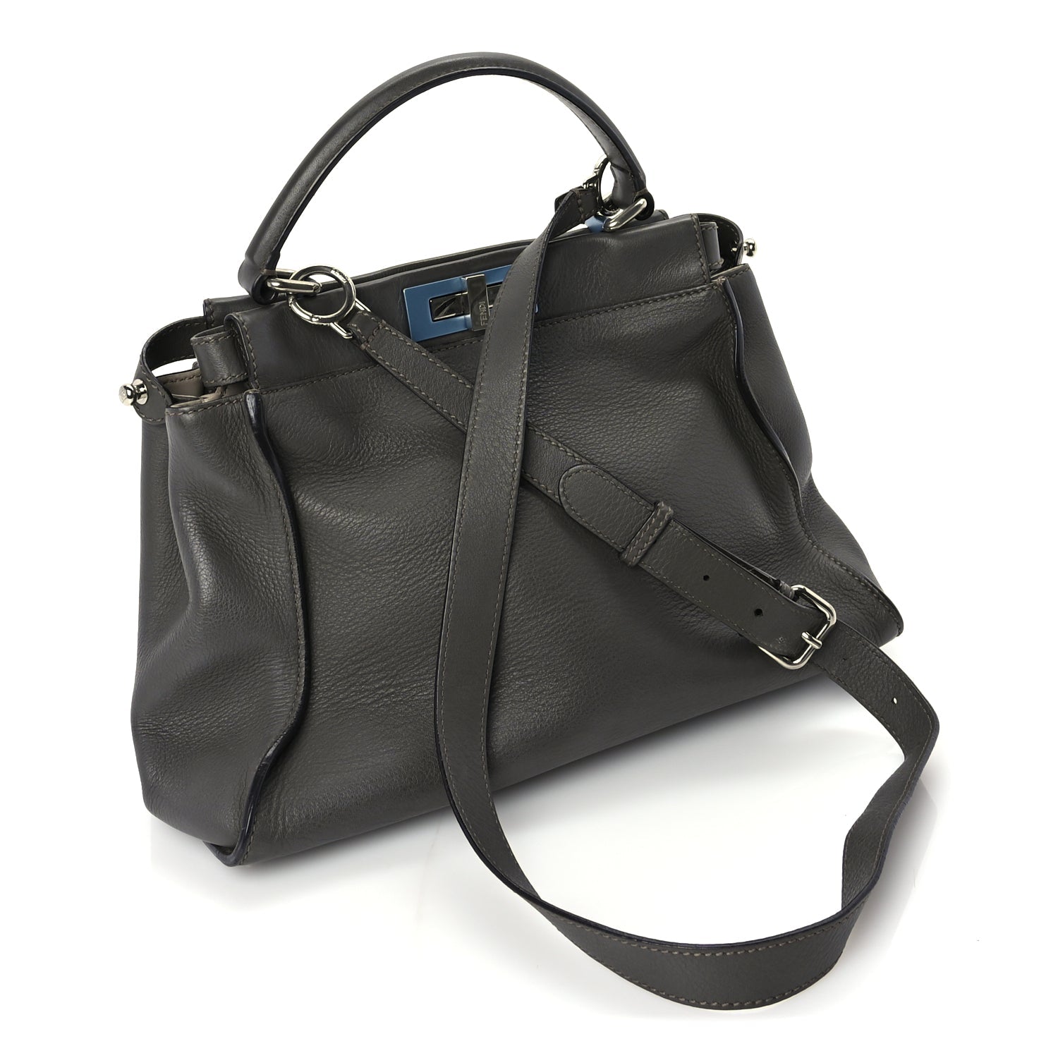 Fendi Vitello Seta Shiny Nappa Medium Peekaboo Iconic Satchel  Carbone Grigio Polvere