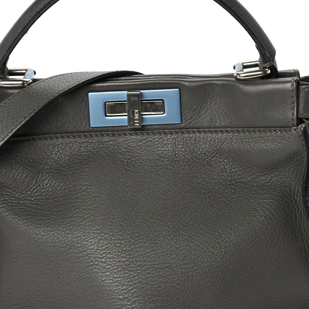 Fendi Vitello Seta Shiny Nappa Medium Peekaboo Iconic Satchel  Carbone Grigio Polvere