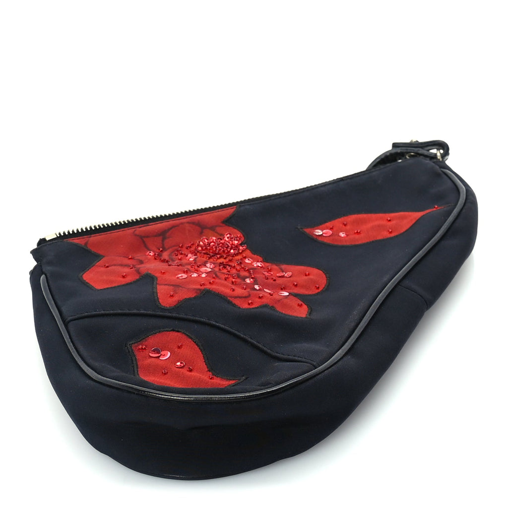 Christian Dior Canvas Stitched Flower Sequins Mini Saddle Pochette Black Red