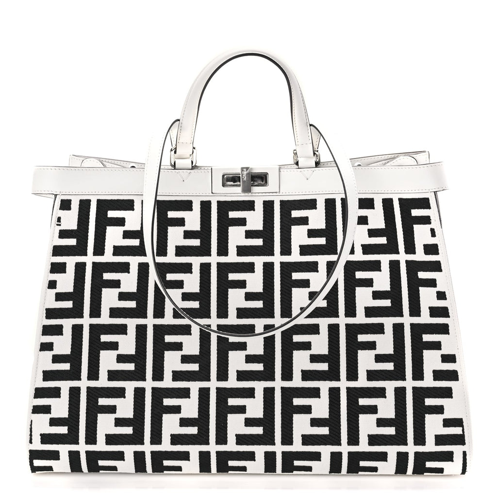 Fendi Canvas Vitello King FF Embroidered Medium Peekaboo X-Tote White Rice Black