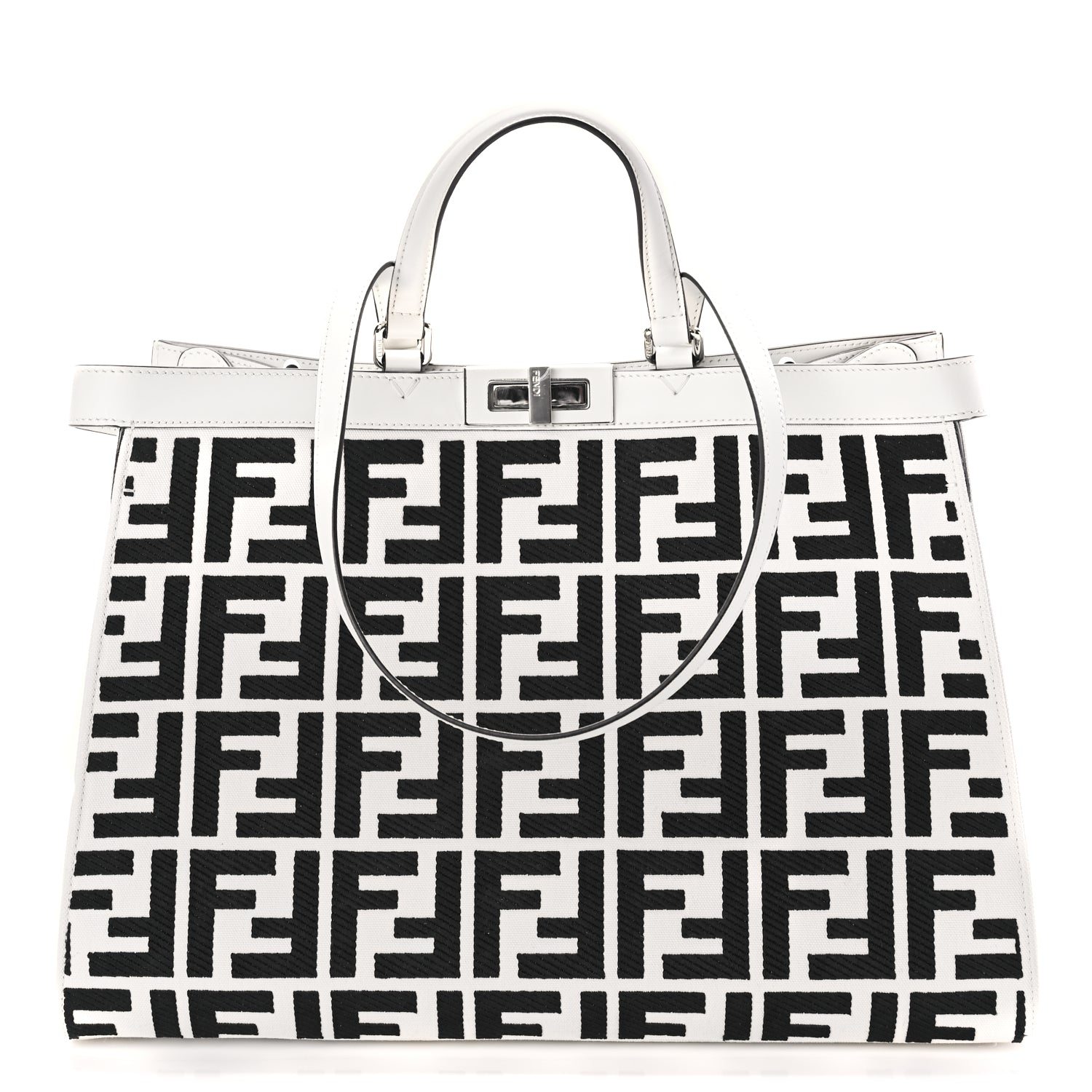 Fendi Canvas Vitello King FF Embroidered Medium Peekaboo X-Tote White Rice Black