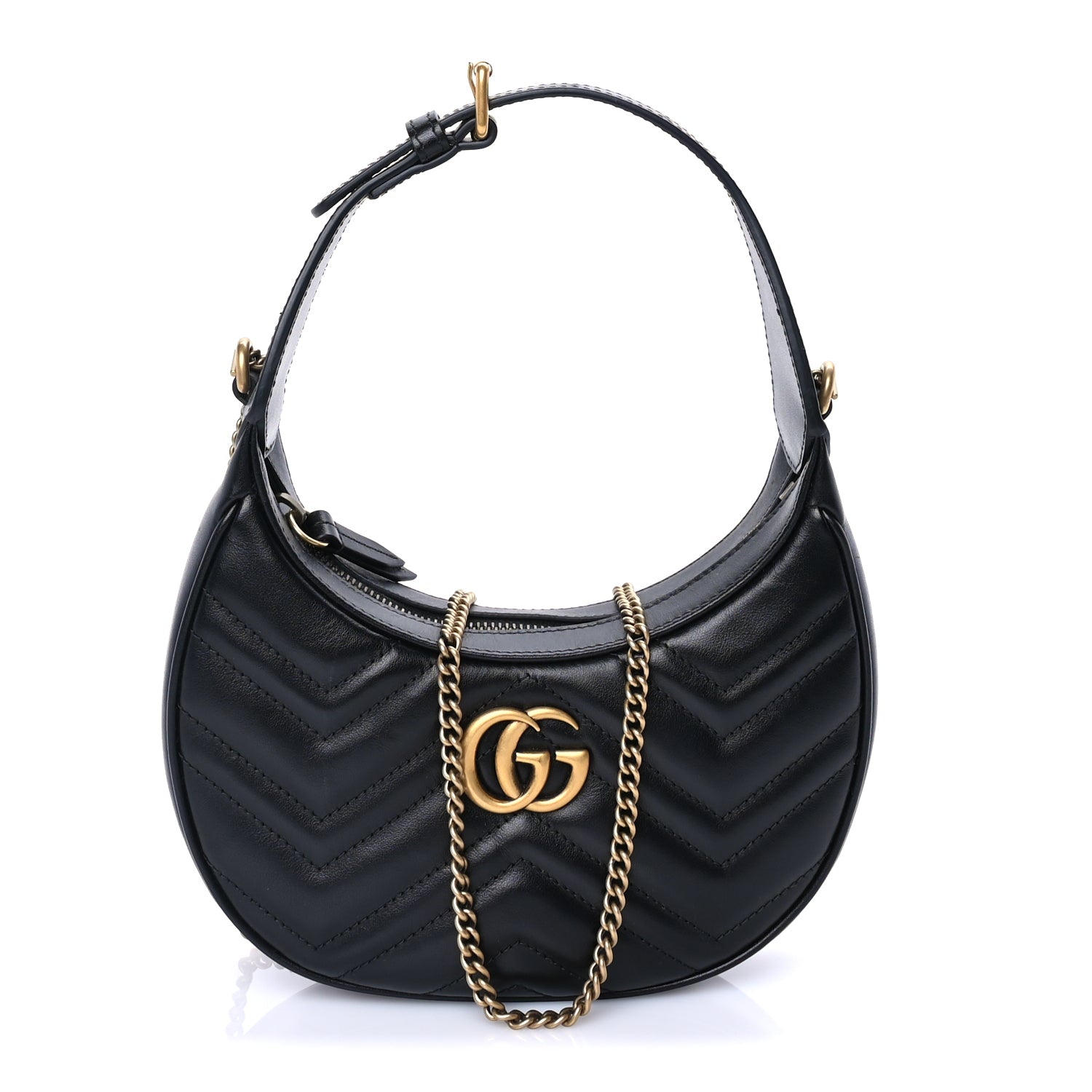Gucci Calfskin Matelasse Chevron Mini GG Marmont Half Moon Hobo  Black