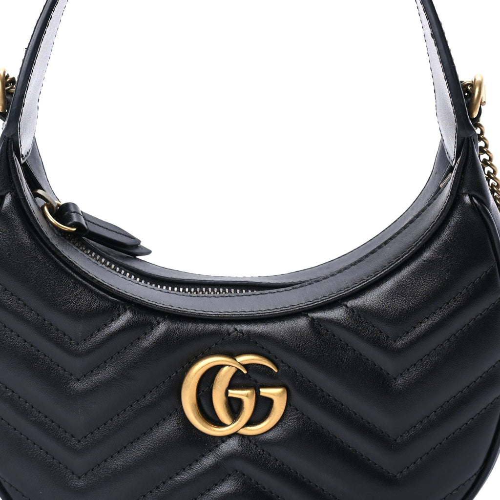 Gucci Calfskin Matelasse Chevron Mini GG Marmont Half Moon Hobo  Black