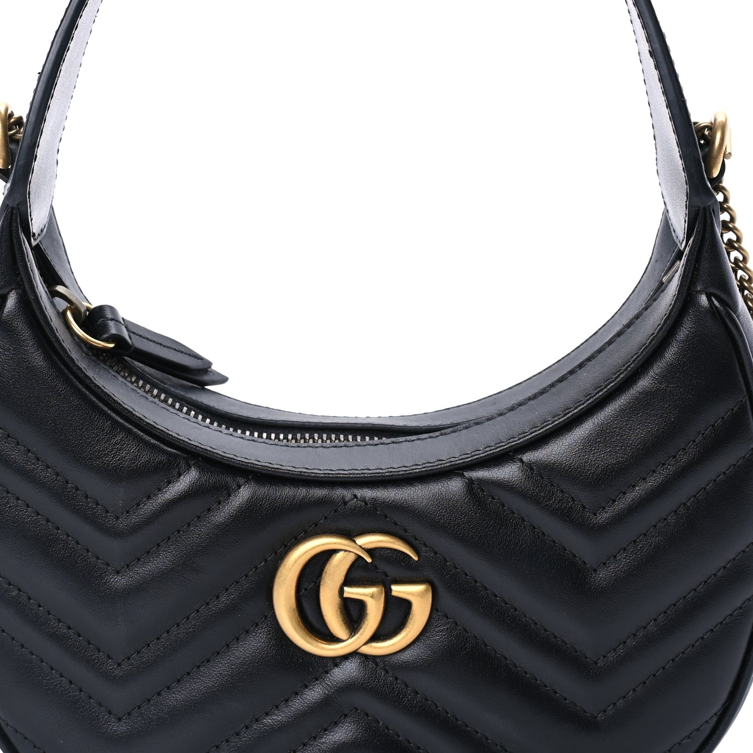 Gucci Calfskin Matelasse Chevron Mini GG Marmont Half Moon Hobo  Black