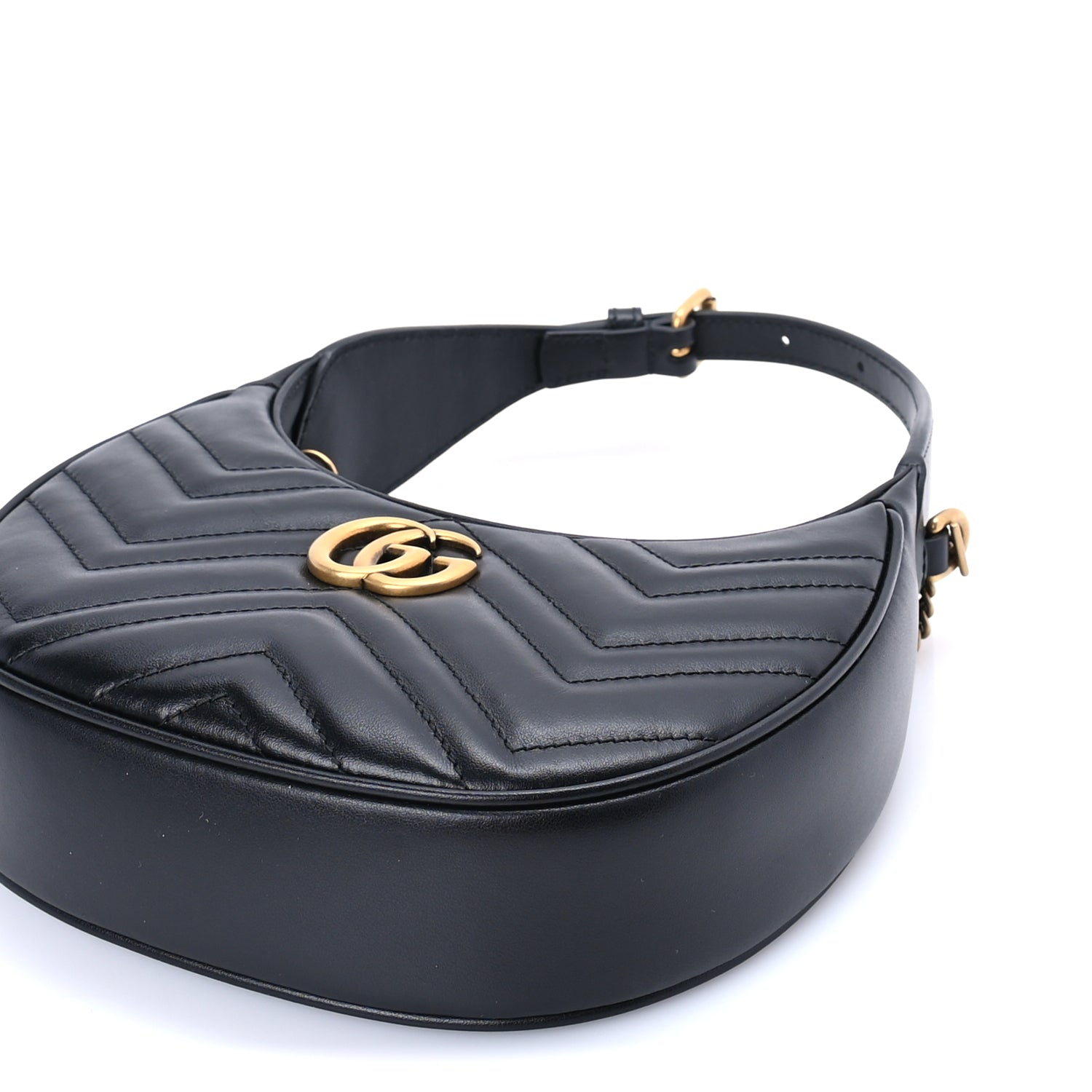 Gucci Calfskin Matelasse Chevron Mini GG Marmont Half Moon Hobo  Black
