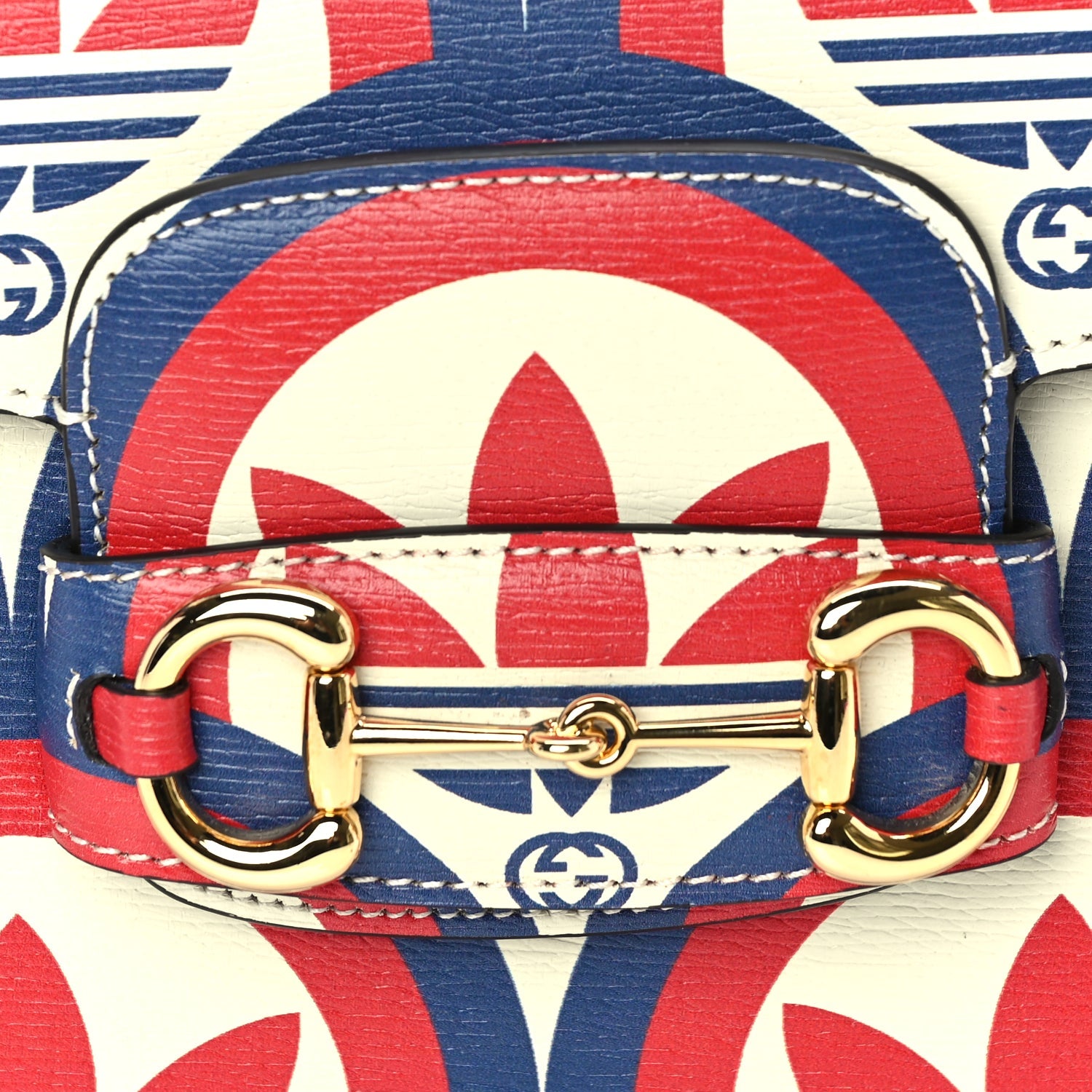 Gucci X ADIDAS Shangai Calfskin Web Trefoil Interlocking G Small Horsebit 1955 Shoulder Bag Red White Blue