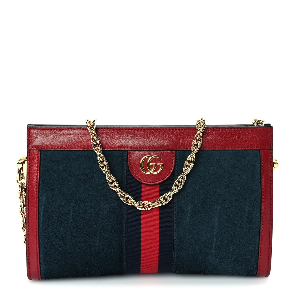 Gucci Suede Calfskin Web Small Ophidia Chain Shoulder Bag New Blue Romantic Cherry