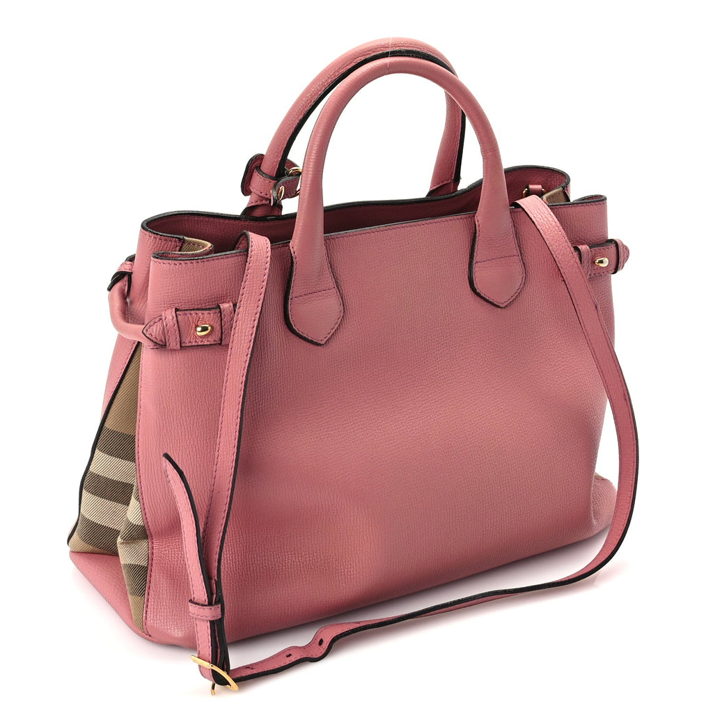 Burberry Grainy Calfskin House Check Medium Banner Tote  Mauve Pink