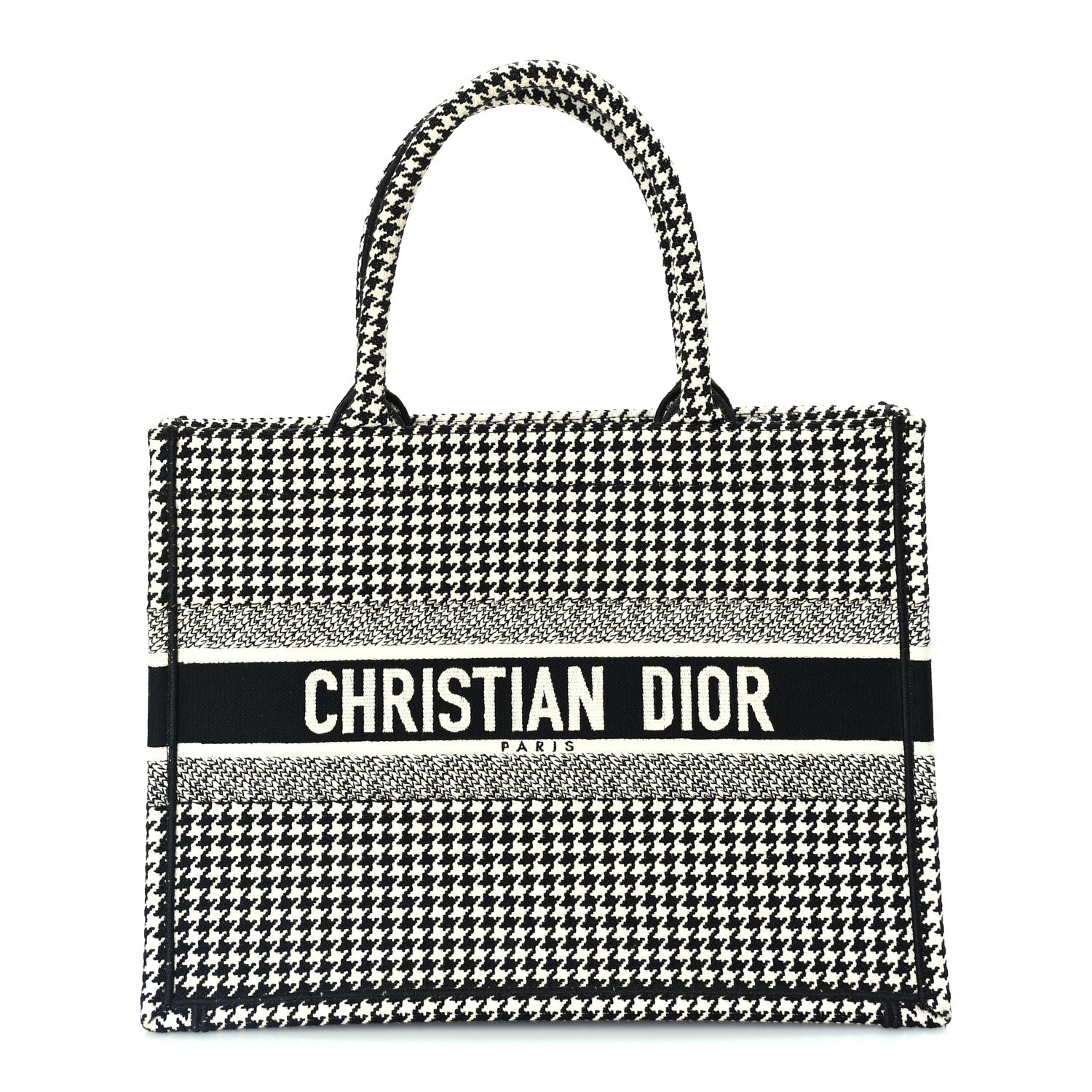 Christian Dior Canvas Houndstooth Embroidered Medium Book Tote  Black White